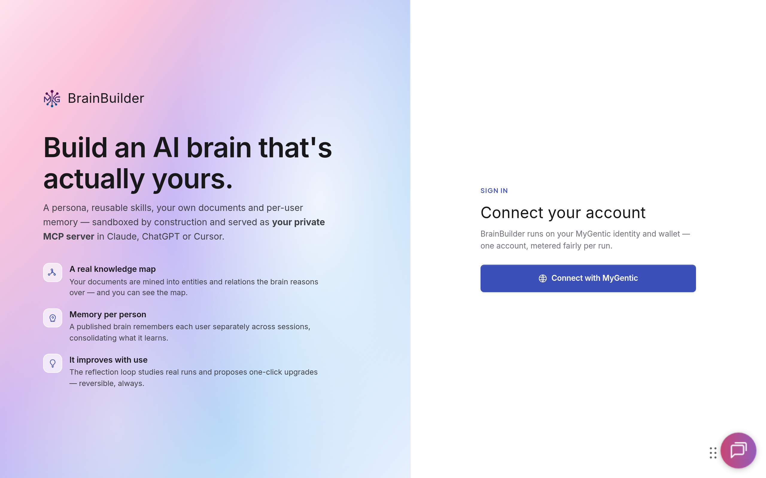 MyGentic BrainBuilder public sign-in page: Build an AI brain that's actually yours